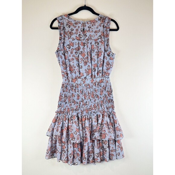 Current Air Dress Blue Smocked Waist Floral Mini V Neck Trumpet Boho Size Small - Picture 3 of 11